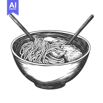 Aset desain premium: Hand-drawn illustration of a bowl of noodles and chopsticks