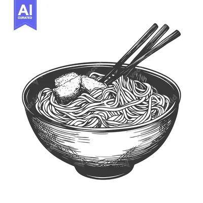 Aset premium populer: Hand-drawn illustration of a bowl of noodles with chopsticks