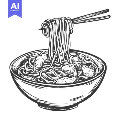 Aset desain premium: Hand-Drawn Illustration of a Bowl of Noodles with Chopsticks