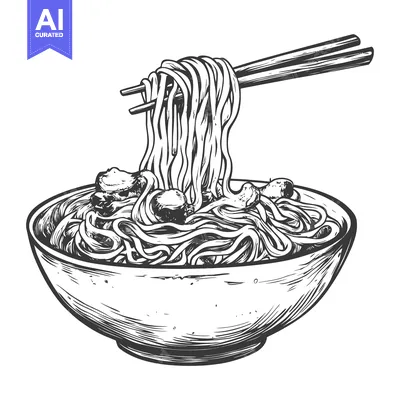 Aset desain premium: Hand-Drawn Illustration of a Bowl of Noodles with Chopsticks