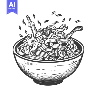 Popular premium asset: Hand-Drawn Illustration of a Bowl of Noodles with Mushrooms and Chopst