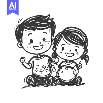 Aset premium populer: Hand-drawn illustration of a boy and girl sitting together