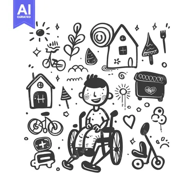 Popular premium asset: Hand-drawn illustration of a boy in a wheelchair with various objects