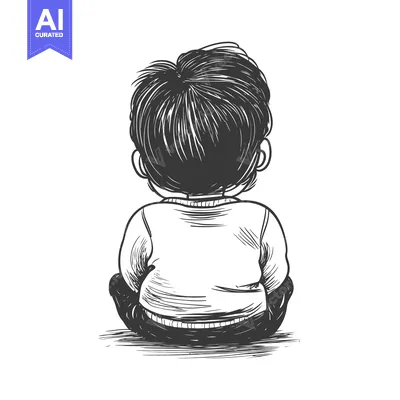 Aset desain premium: Hand-drawn Illustration of a Boy Sitting with His Back to the Viewer
