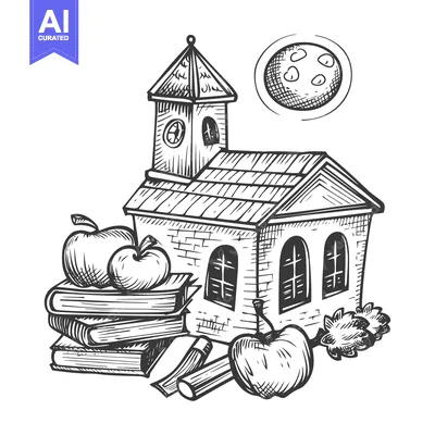 Aset desain premium: Hand-drawn illustration of a brick building with a bell tower, apples,