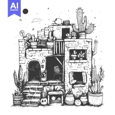 Popular premium asset: Hand-Drawn Illustration of a Brick Building with Cactus Plants and a M