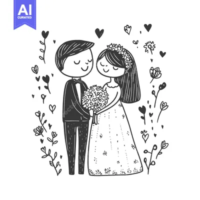 Aset premium populer: Hand-drawn Illustration of a Bride and Groom with Flowers and Hearts