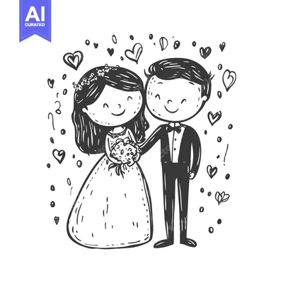 Aset premium populer: Hand-drawn Illustration of a Bride and Groom with Hearts