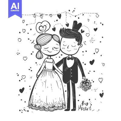 Aset premium populer: Hand-drawn illustration of a bride and groom with hearts and flowers