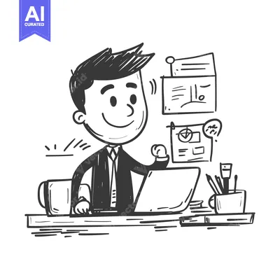 Hand-drawn illustration of a businessman working at his desk with a la