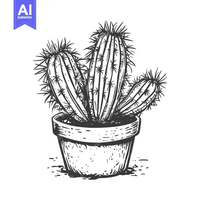 Hand-drawn Illustration of a Cactus Plant in a Pot