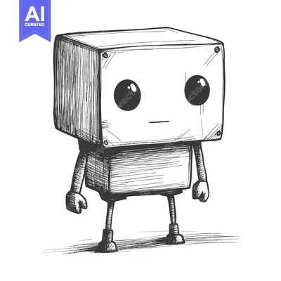 Aset premium populer: Hand-drawn illustration of a cartoon robot with a square head and larg
