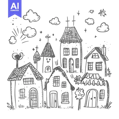 Aset premium populer: Hand-drawn Illustration of a Cartoon Village with Houses and a Church