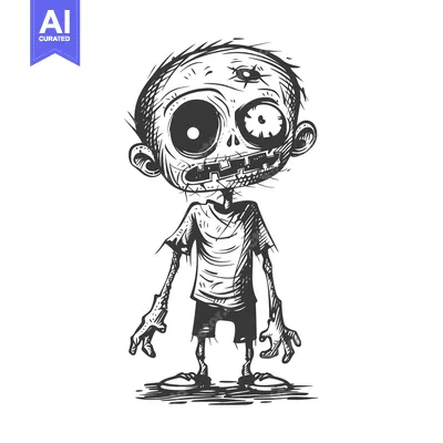 Aset premium populer: Hand-drawn illustration of a cartoon zombie with one eye and stitches