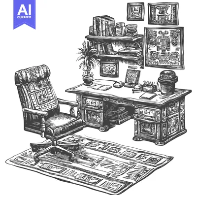 Aset premium populer: Hand-Drawn Illustration of a Carved Wooden Desk and Chair