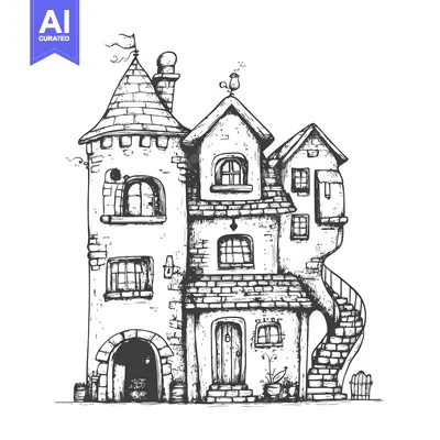 Aset desain premium: Hand-drawn Illustration of a  Charming Old Stone House with a Tower an