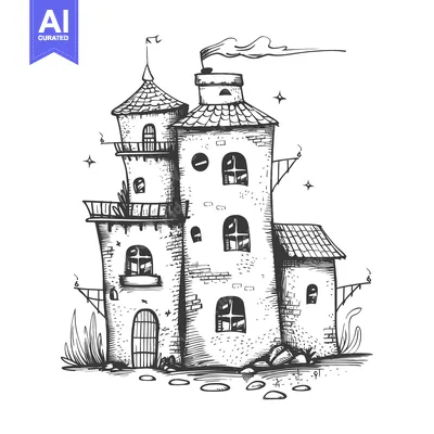 Aset desain premium: Hand-drawn Illustration of a Charming Old Stone Tower House with Smoke