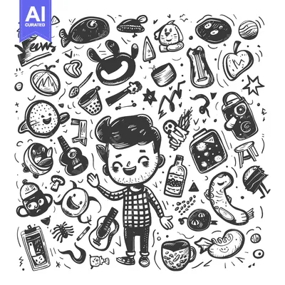 Aset premium populer: Hand-drawn illustration of a cheerful cartoon character surrounded by