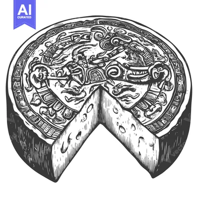 Aset premium populer: Hand-Drawn Illustration of a Cheese Wheel with Mayan-Inspired Design