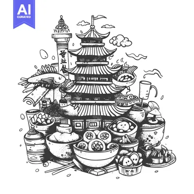 Aset premium populer: Hand-drawn illustration of a Chinese pagoda with surrounding food and
