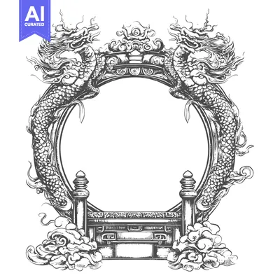 Aset premium populer: Hand-Drawn Illustration of a Circular Dragon Gate with Clouds