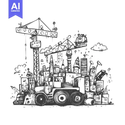Aset desain premium: Hand-drawn Illustration of a Cityscape with Construction Vehicles and