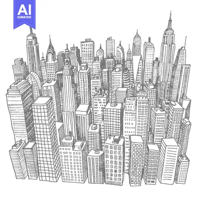 Aset desain premium: Hand-drawn Illustration of a Cityscape with Numerous Skyscrapers