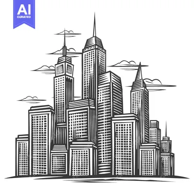 Aset desain premium: Hand-drawn Illustration of a Cityscape with Skyscrapers and Clouds