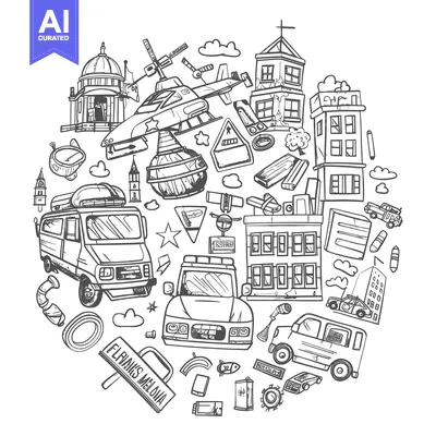 Aset desain premium: Hand-drawn Illustration of a Cityscape with Vehicles and Buildings