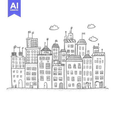 Aset desain premium: Hand-drawn illustration of a city skyline with multiple buildings and