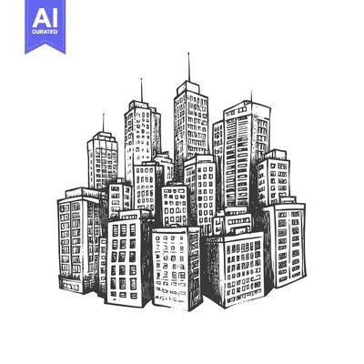 Aset premium populer: Hand-drawn illustration of a city skyline with tall buildings