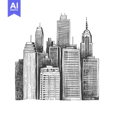 Aset premium populer: Hand-drawn illustration of a city skyline with tall buildings