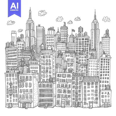 Aset desain premium: Hand-drawn illustration of a city skyline with various buildings and w