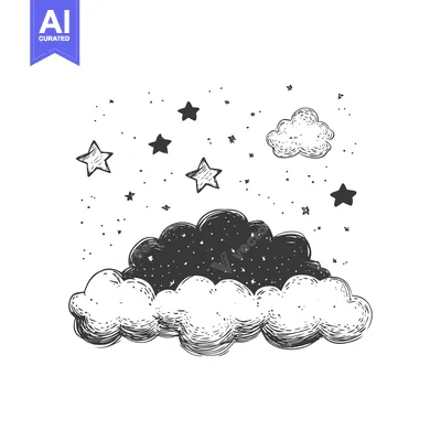 Aset premium populer: Hand-drawn illustration of a cloud with stars and a dark sky inside