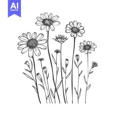 Popular premium asset: Hand-drawn illustration of a cluster of daisies with stems and leaves