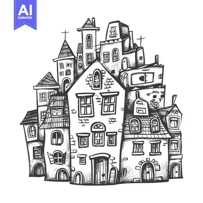 Premium design asset: Hand-drawn illustration of a cluster of old buildings with intricate d