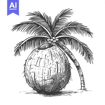 Aset desain premium: Hand-Drawn Illustration of a Coconut Palm Tree with a Large Coconut