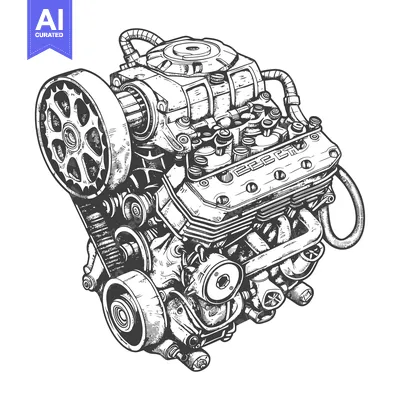 Aset premium populer: Hand-Drawn Illustration of a Complex Internal Combustion Engine