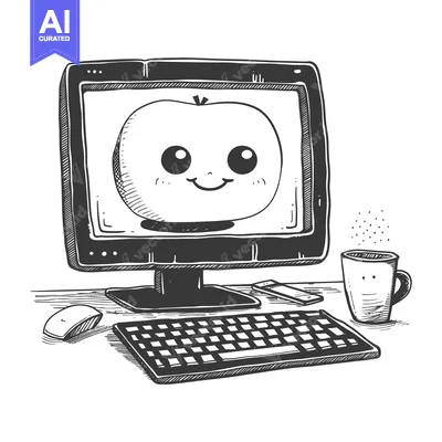 Popular premium asset: Hand-Drawn Illustration of a Computer with a Smiling Apple on the Scre