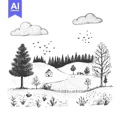Aset premium populer: Hand-Drawn Illustration of a Countryside Landscape with a Small House