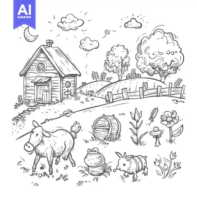 Premium design asset: Hand-drawn illustration of a countryside scene with a farmhouse, anima