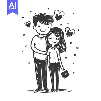 Aset premium populer: Hand-drawn illustration of a couple in love, surrounded by hearts