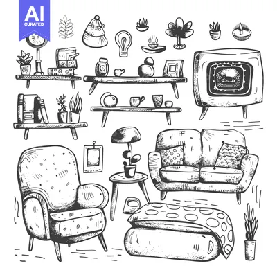 Aset desain premium: Hand-Drawn Illustration of a Cozy Living Room with Furniture and Decor