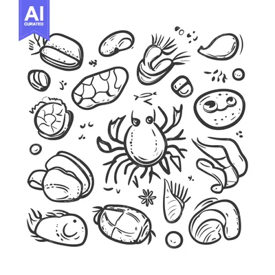 Aset premium populer: Hand-Drawn Illustration of a Crab and Various Sea Creatures
