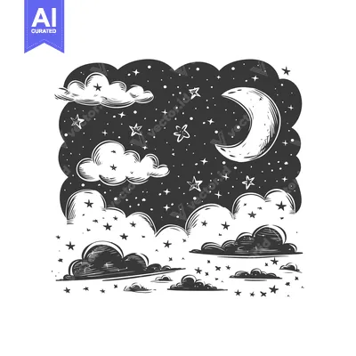 Aset desain premium: Hand-drawn illustration of a crescent moon, clouds, and stars in the n