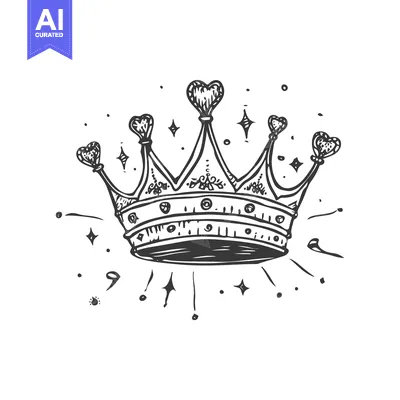Aset premium populer: Hand-drawn illustration of a crown with heart-shaped points and sparkl