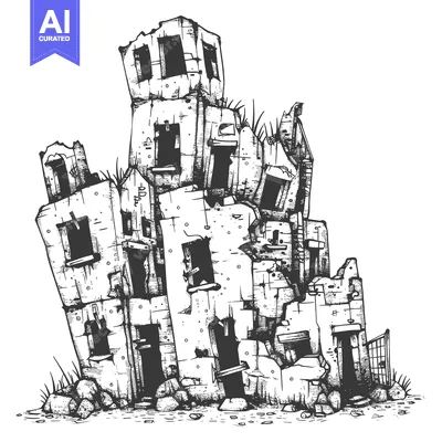 Hand-drawn illustration of a crumbling abandoned building