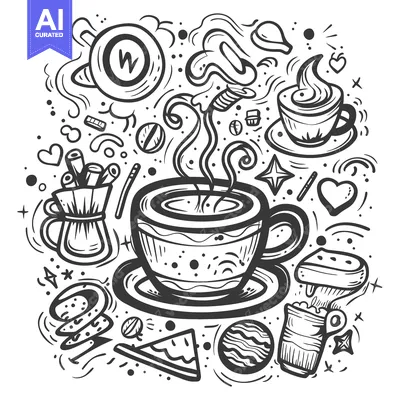 Aset desain premium: Hand-drawn Illustration of a Cup of Coffee with Whipped Cream and Surr