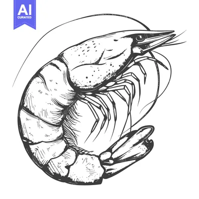 Premium design asset: Hand-drawn illustration of a curled shrimp with detailed anatomy