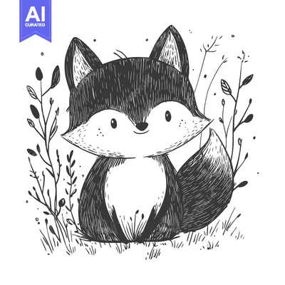 Aset premium populer: Hand-drawn illustration of a cute cartoon fox sitting in the grass